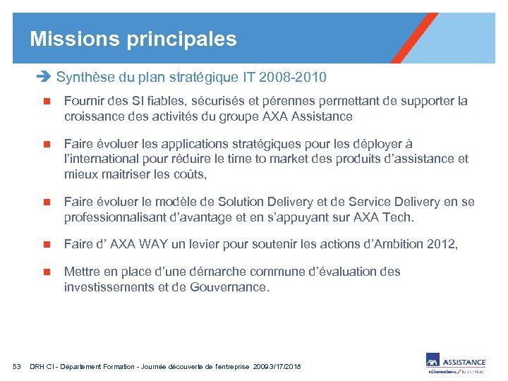 Missions principales è Synthèse du plan stratégique IT 2008 -2010 n n Faire évoluer