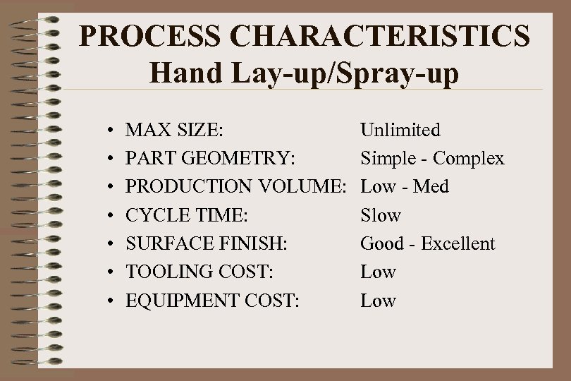 PROCESS CHARACTERISTICS Hand Lay-up/Spray-up • • MAX SIZE: PART GEOMETRY: PRODUCTION VOLUME: CYCLE TIME: