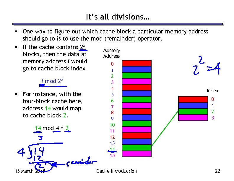 It’s all divisions… § One way to figure out which cache block a particular