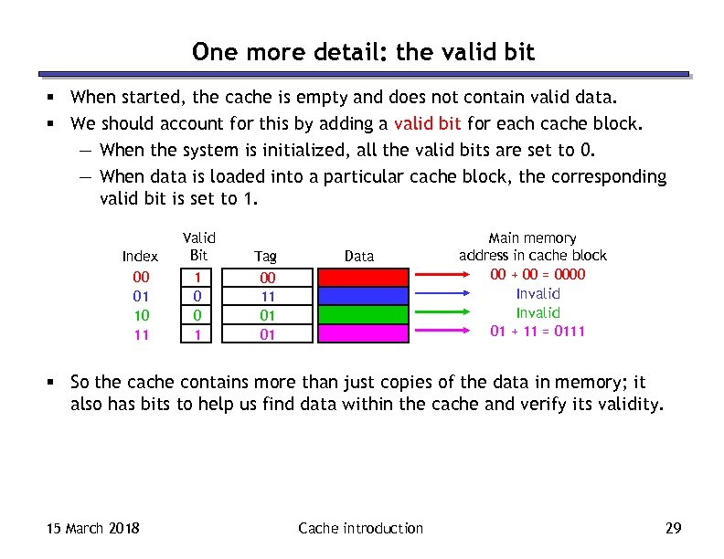 One more detail: the valid bit § When started, the cache is empty and