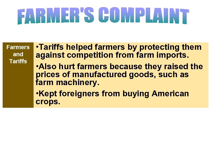 Farmers and Tariffs • Tariffs helped farmers by protecting them against competition from farm