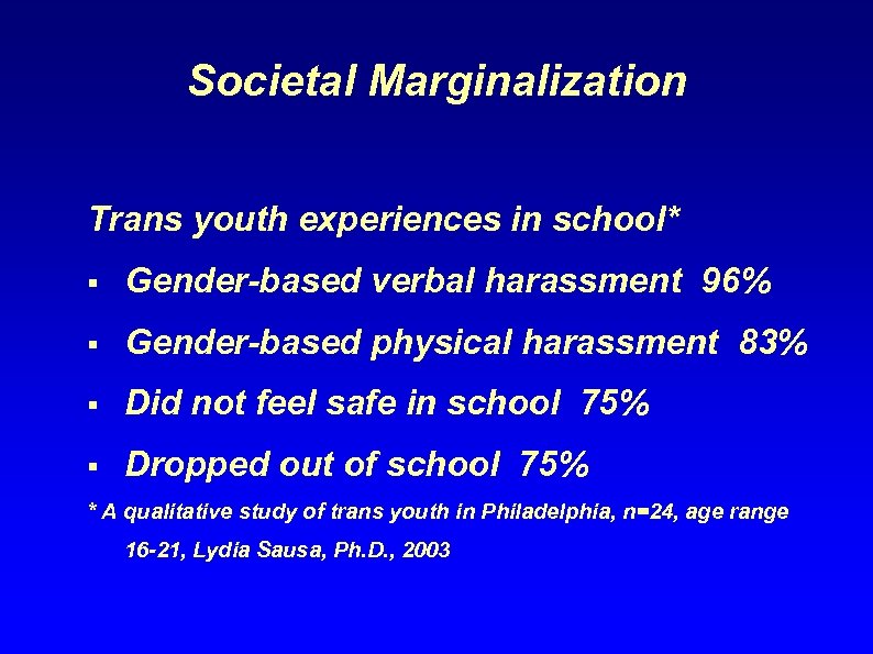 Societal Marginalization Trans youth experiences in school* § Gender-based verbal harassment 96% § Gender-based