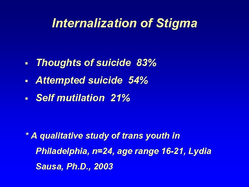 Internalization of Stigma § Thoughts of suicide 83% § Attempted suicide 54% § Self