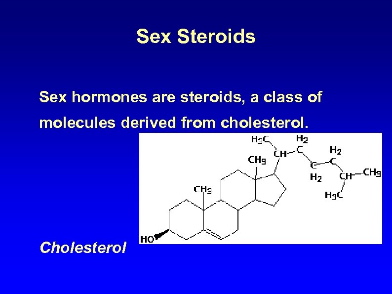 Sex Steroids Sex hormones are steroids, a class of molecules derived from cholesterol. Cholesterol