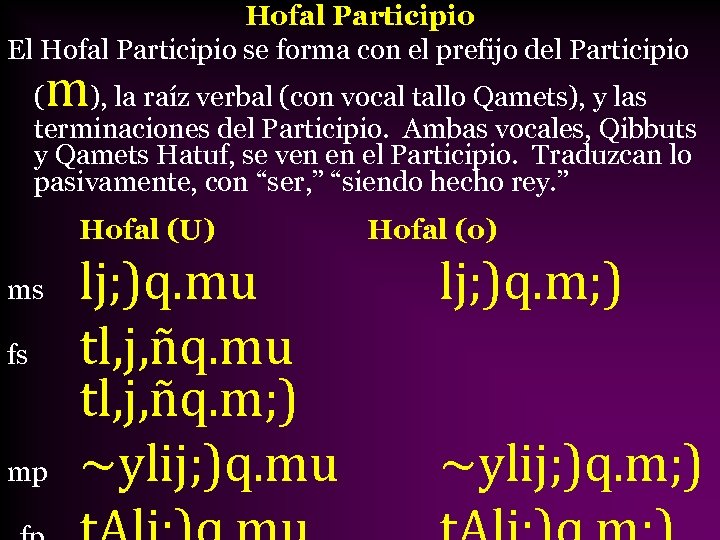 Hofal Participio El Hofal Participio se forma con el prefijo del Participio m (