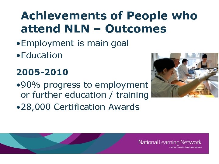 Achievements of People who attend NLN – Outcomes • Employment is main goal •