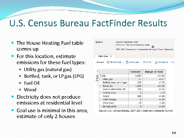 U. S. Census Bureau Fact. Finder Results The House Heating Fuel table comes up