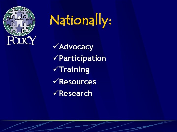 Nationally: POLICY üAdvocacy üParticipation üTraining üResources üResearch 