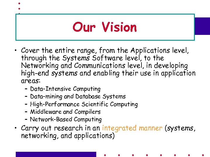 Our Vision • Cover the entire range, from the Applications level, through the Systems