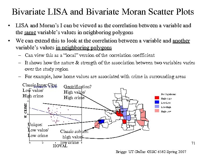 Bivariate LISA and Bivariate Moran Scatter Plots • LISA and Moran’s I can be