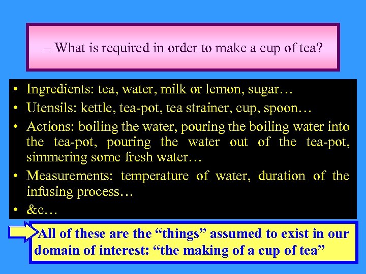 – What is required in order to make a cup of tea? • Ingredients: