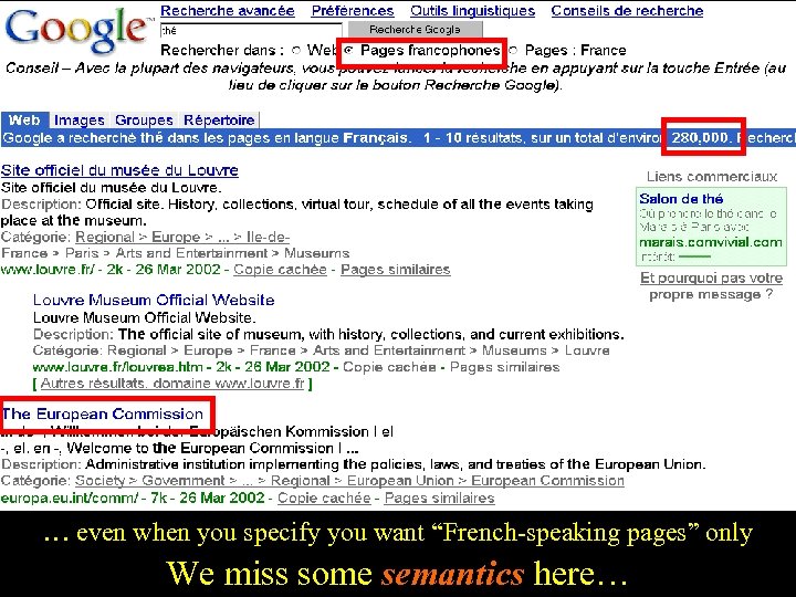 … even when you specify you want “French-speaking pages” only We miss some semantics