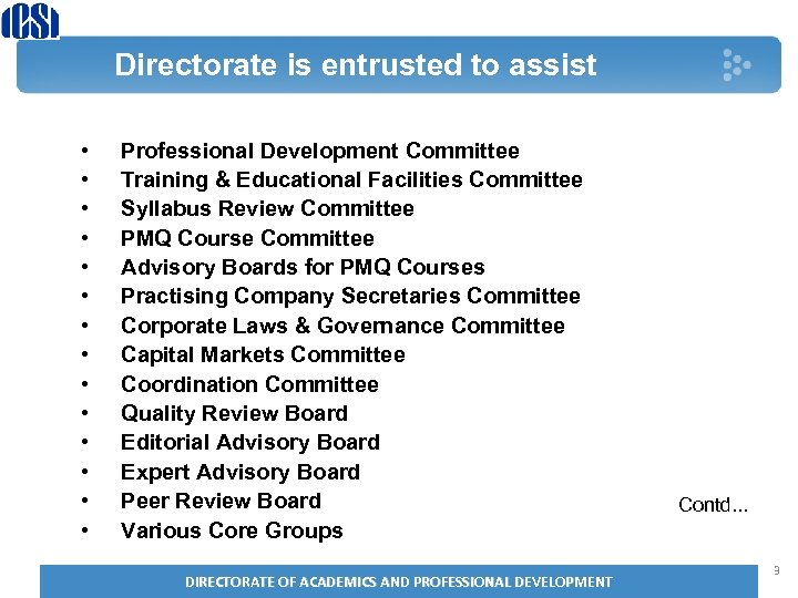Directorate is entrusted to assist • • • • Professional Development Committee Training &