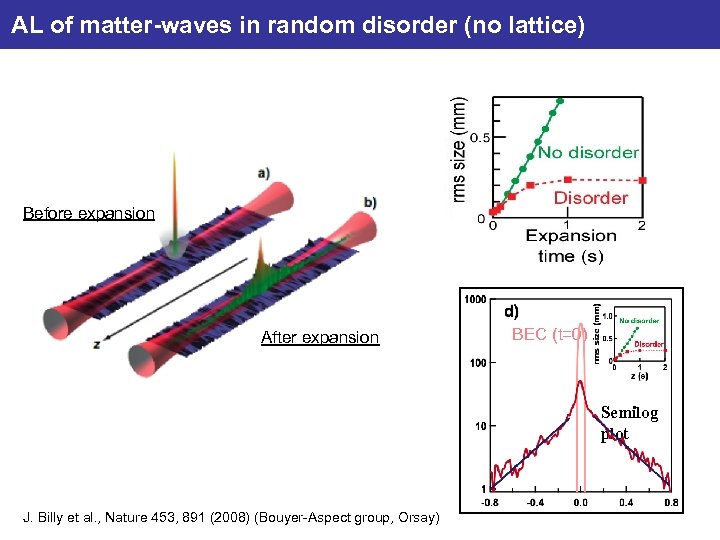 AL of matter-waves in random disorder (no lattice) Before expansion After expansion BEC (t=0)