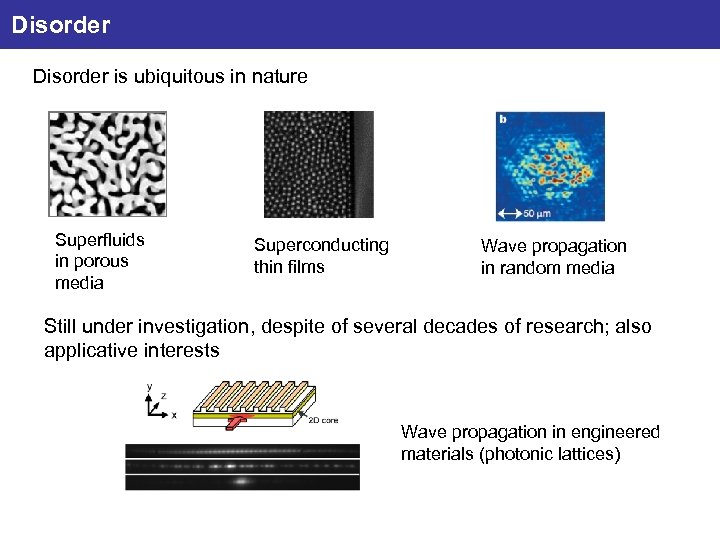 Disorder is ubiquitous in nature Superfluids in porous media Superconducting thin films Wave propagation