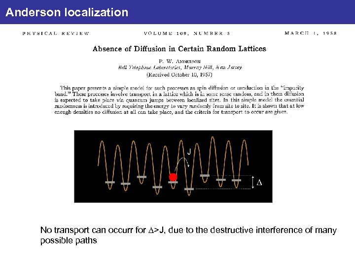 Anderson localization No transport can occurr for D>J, due to the destructive interference of