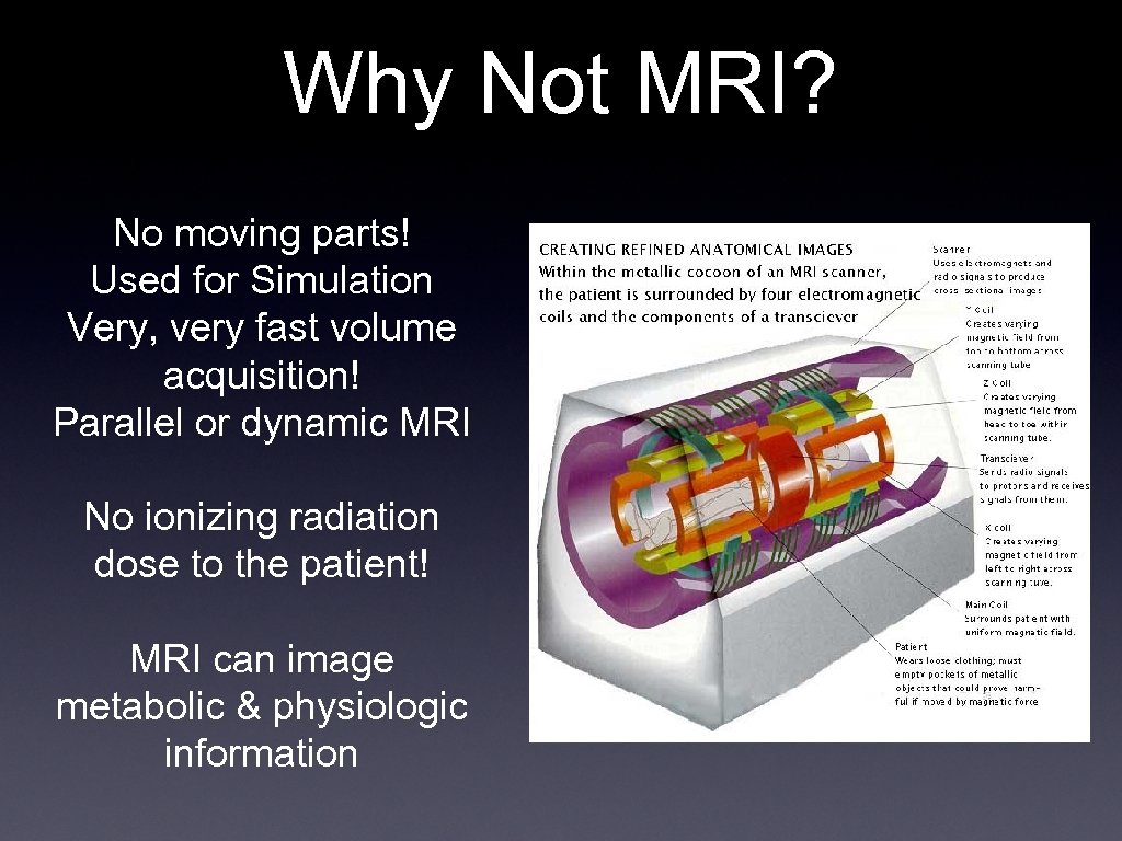 Why Not MRI? No moving parts! Used for Simulation Very, very fast volume acquisition!