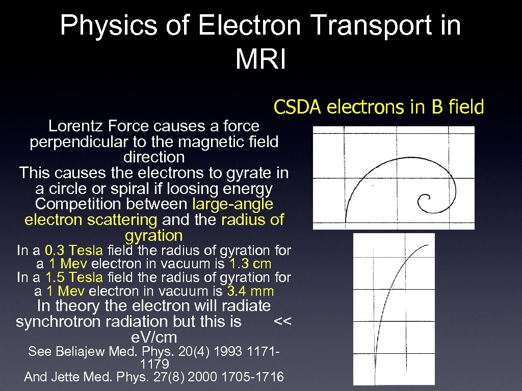Physics of Electron Transport in MRI CSDA electrons in B field Lorentz Force causes