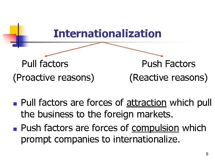 Internationalization Pull factors (Proactive reasons) n n Push Factors (Reactive reasons) Pull factors are