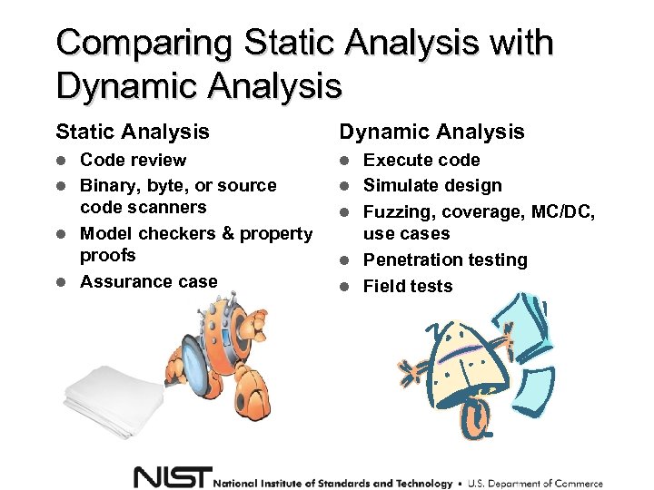 Comparing Static Analysis with Dynamic Analysis Static Analysis Dynamic Analysis Code review Binary, byte,