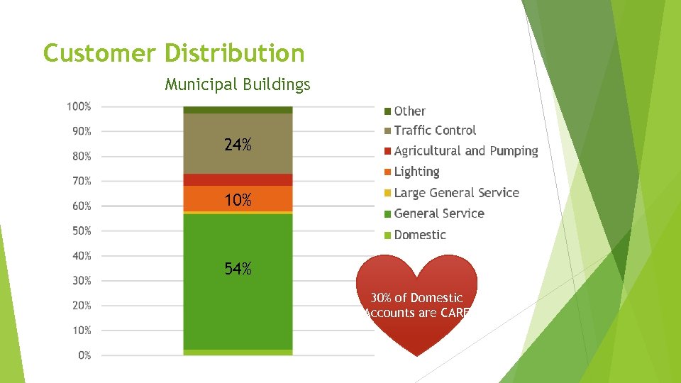 Customer Distribution Municipal Buildings 24% 10% 54% 30% of Domestic Accounts are CARE 