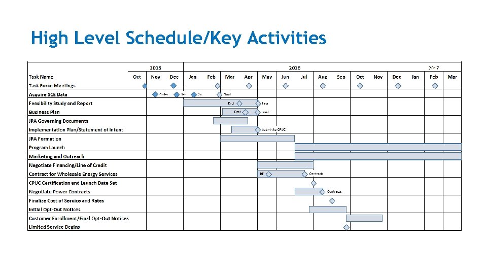 High Level Schedule/Key Activities 