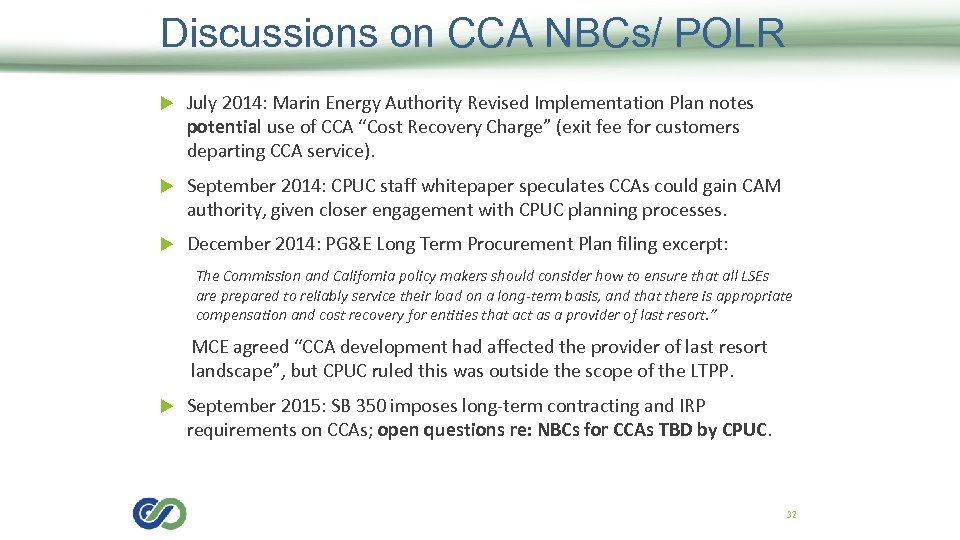 Discussions on CCA NBCs/ POLR July 2014: Marin Energy Authority Revised Implementation Plan notes