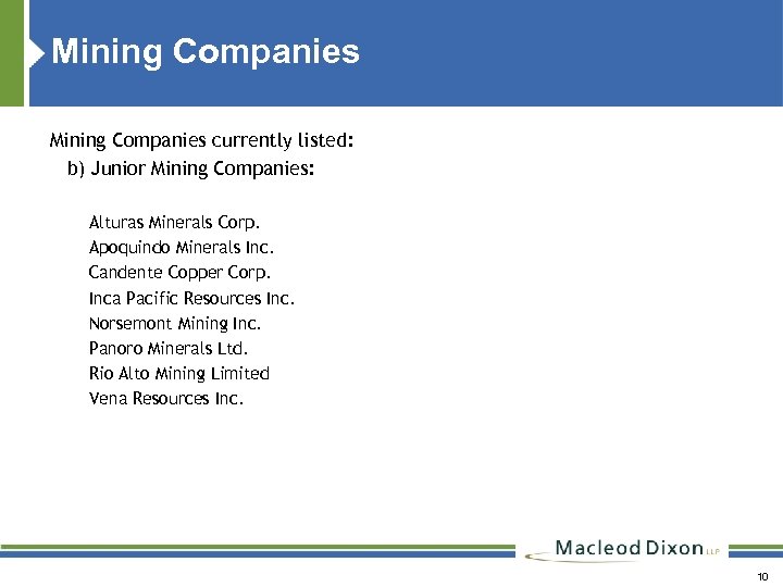Mining Companies currently listed: b) Junior Mining Companies: Alturas Minerals Corp. Apoquindo Minerals Inc.