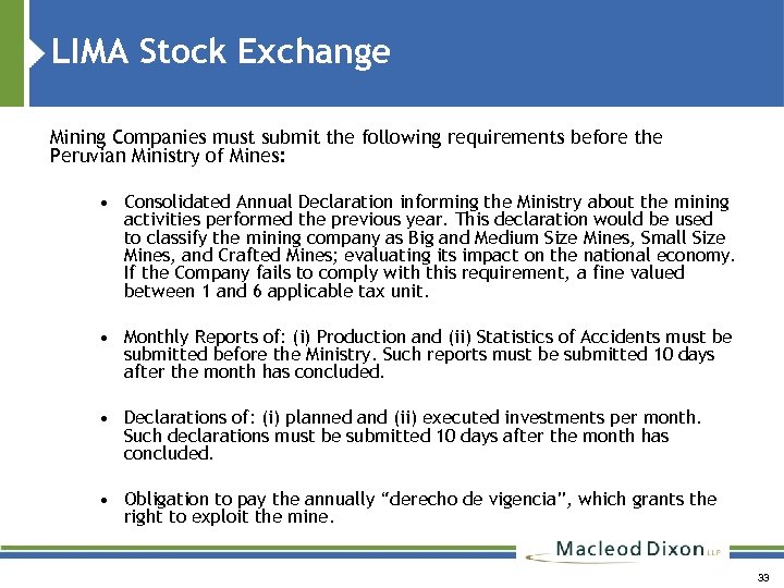 LIMA Stock Exchange Mining Companies must submit the following requirements before the Peruvian Ministry