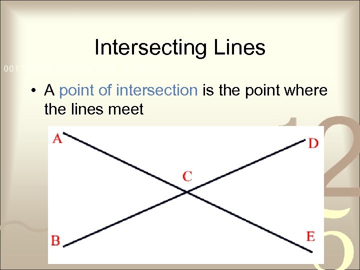Intersecting Lines • A point of intersection is the point where the lines meet