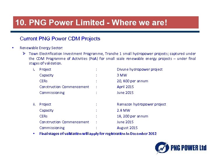 10. PNG Power Limited - Where we are! Current PNG Power CDM Projects •