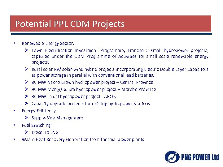 Potential PPL CDM Projects • • Renewable Energy Sector: Ø Town Electrification Investment Programme,