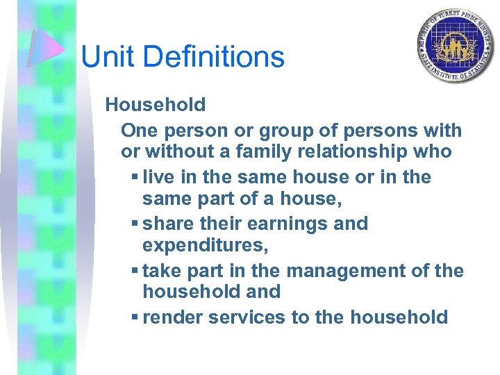 Unit Definitions Household One person or group of persons with or without a family