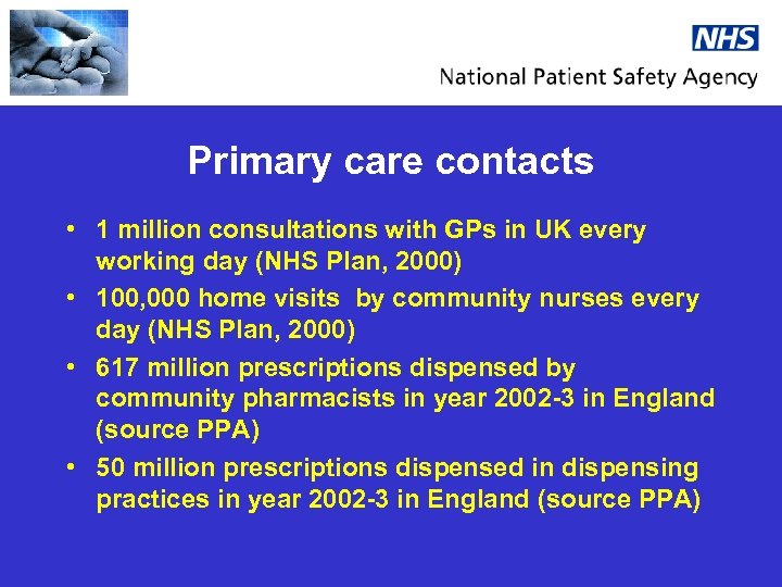 Primary care contacts • 1 million consultations with GPs in UK every working day