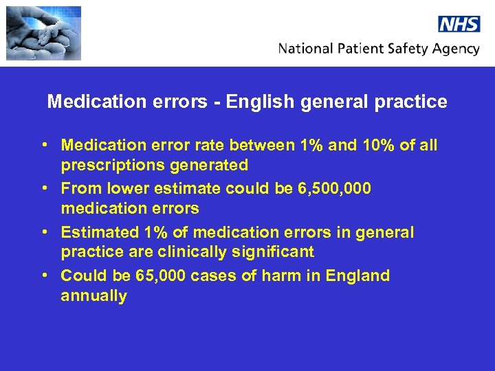 Medication errors - English general practice • Medication error rate between 1% and 10%