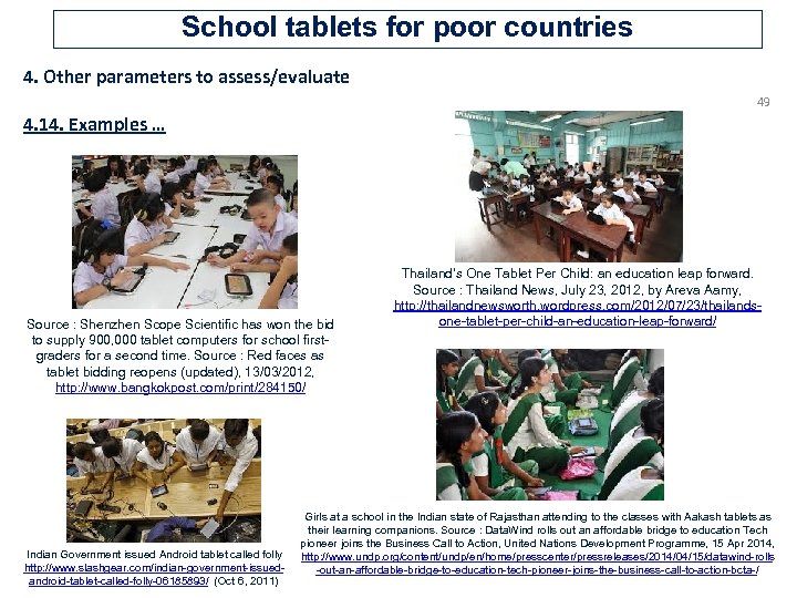 School tablets for poor countries 4. Other parameters to assess/evaluate 49 4. 14. Examples