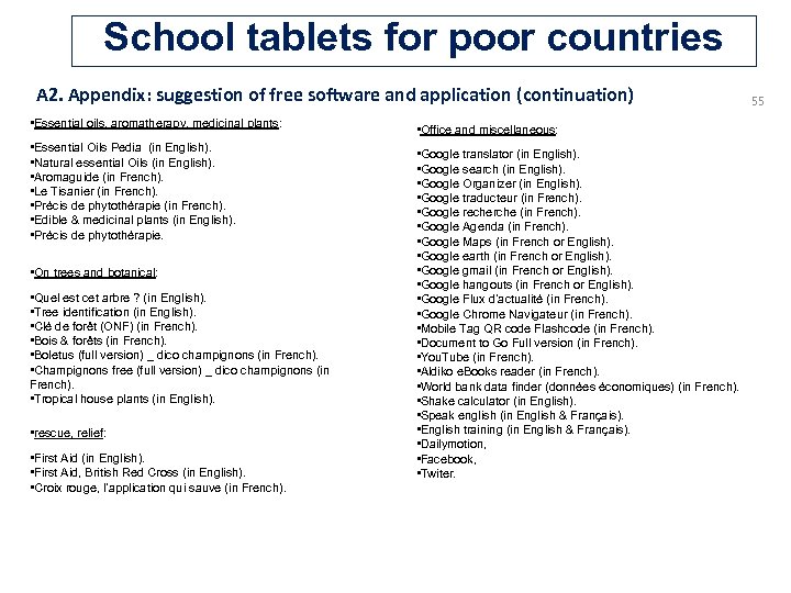 School tablets for poor countries A 2. Appendix: suggestion of free software and application