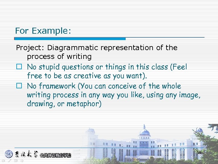 For Example: Project: Diagrammatic representation of the process of writing o No stupid questions