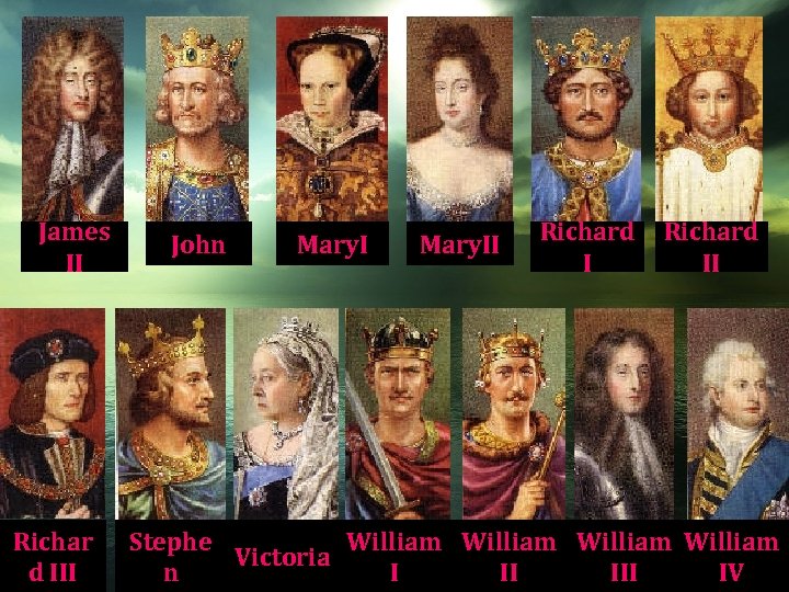James II Richar d III John Mary. II Richard II Stephe William Victoria n