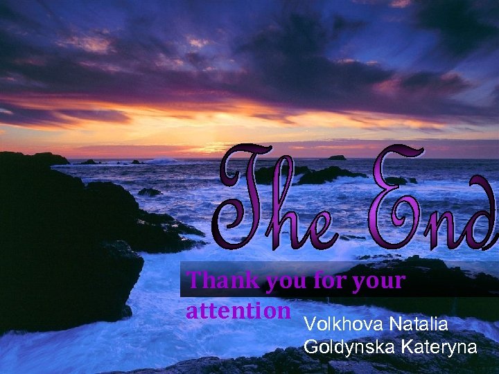 Thank you for your attention Volkhova Natalia Goldynska Kateryna 