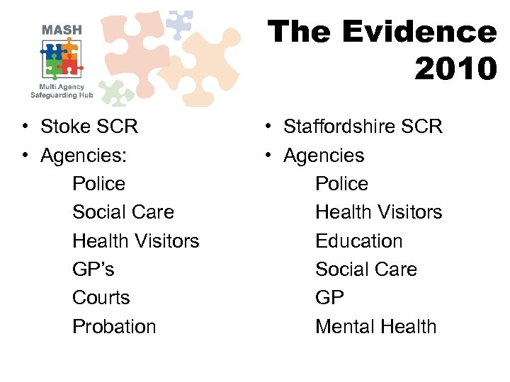 The Evidence 2010 • Stoke SCR • Agencies: Police Social Care Health Visitors GP’s