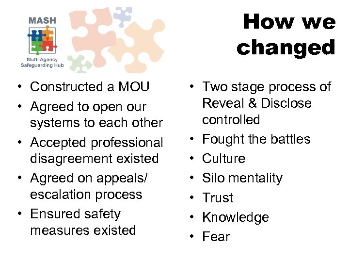 How we changed • Constructed a MOU • Agreed to open our systems to