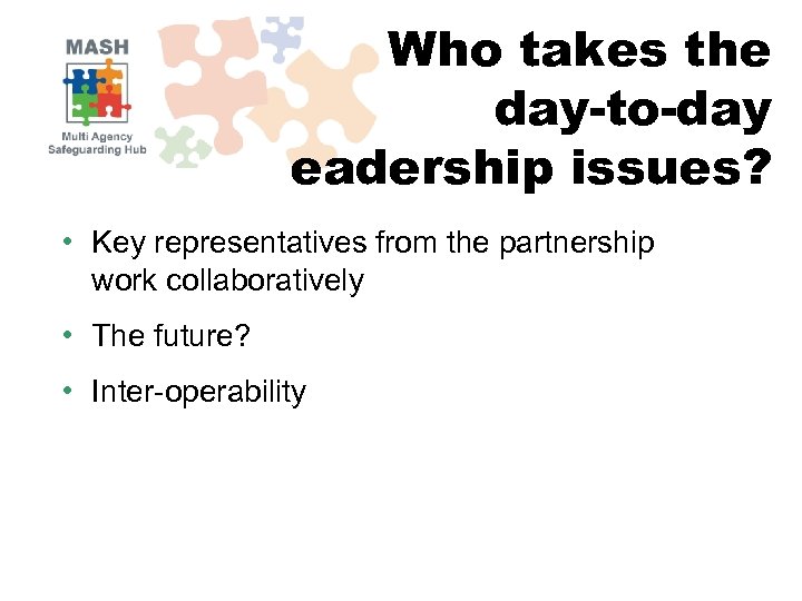 Who takes the day-to-day eadership issues? • Key representatives from the partnership work collaboratively
