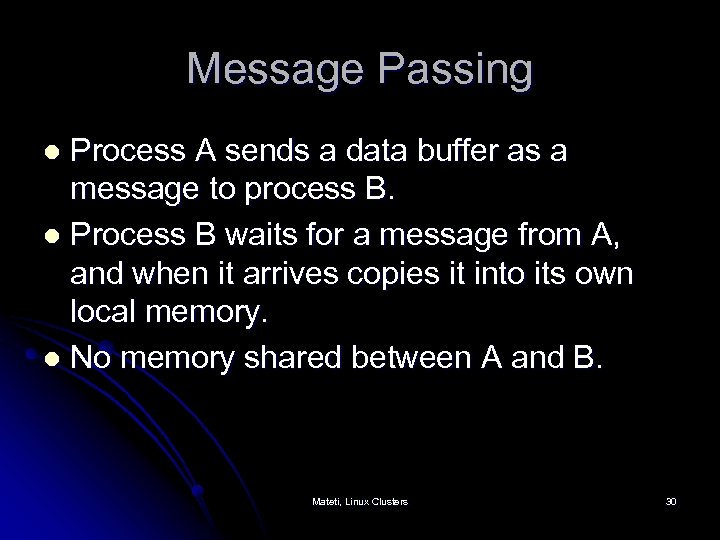 Message Passing Process A sends a data buffer as a message to process B.