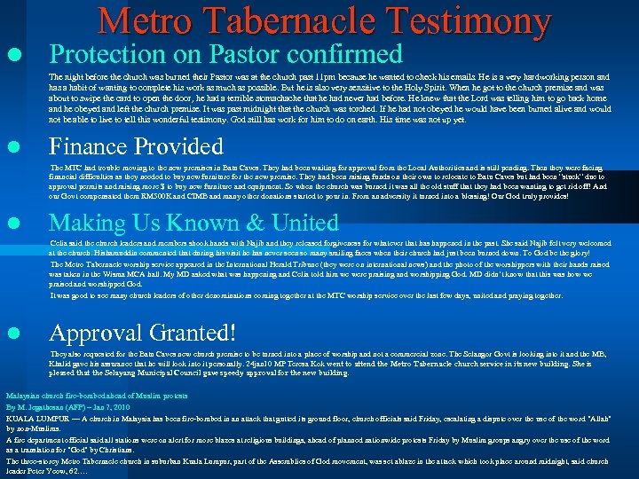 l Metro Tabernacle Testimony Protection on Pastor confirmed The night before the church was