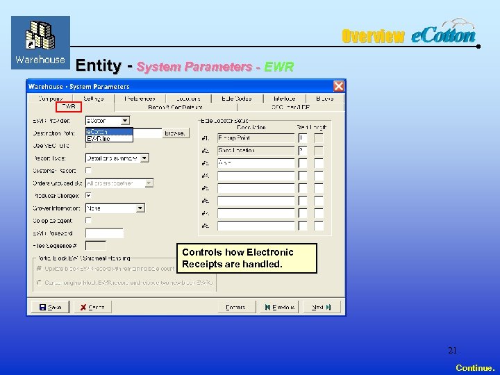 Overview Entity - System Parameters - EWR Controls how Electronic Receipts are handled. 21