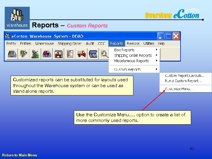 Overview Reports – Custom Reports Customized reports can be substituted for layouts used throughout