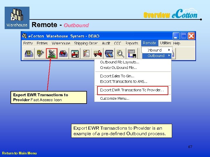 Overview Remote - Outbound Export EWR Transactions to Provider Fast Access Icon Export EWR