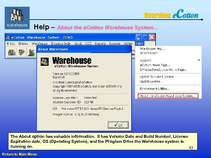 Overview Help – About the e. Cotton Warehouse System… The About option has valuable