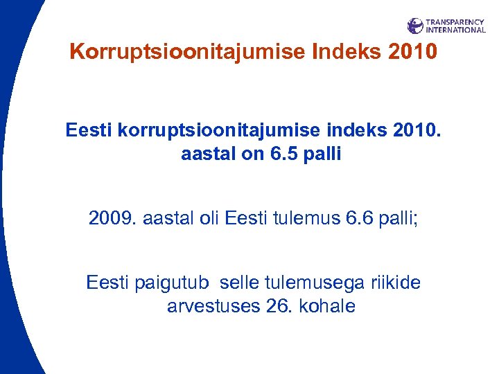 Korruptsioonitajumise Indeks 2010 Eesti korruptsioonitajumise indeks 2010. aastal on 6. 5 palli 2009. aastal